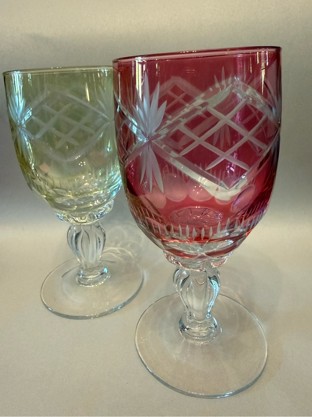Cut Crystal Wine Goblet - Pink and Light Green set of two (2)